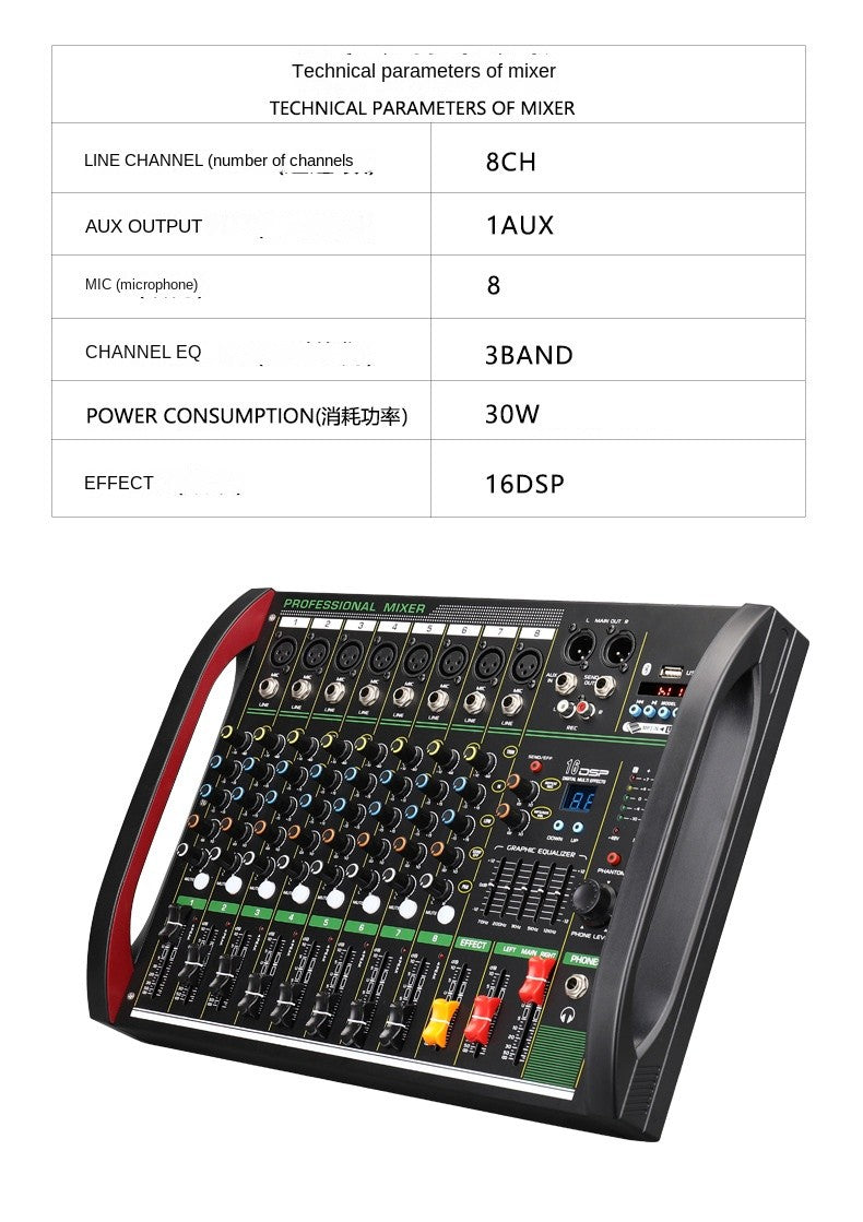 Mesa de som DSP de 4/8 canais com efeito de reverberação, profissional, Bluetooth, USB, áudio mixer balanceado para karaokê familiar, palco, KTV