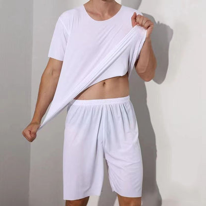 Large Size Men Pajamas Set Ice Silk Sense Round Neck Solid Colour Short Sleeve T-Shirt Student Short Sleeve Shorts Two-Piece Set
