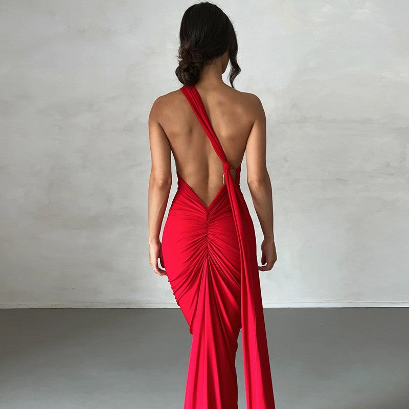 Hugcitar One Shoulder Backless Adjustable Scarf Loop Ruched Sexy Maxi Dress Wome