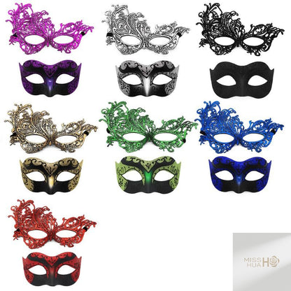 Set of 2, Couple's Elegant Black Lace Masquerade Masks for Costume Parties