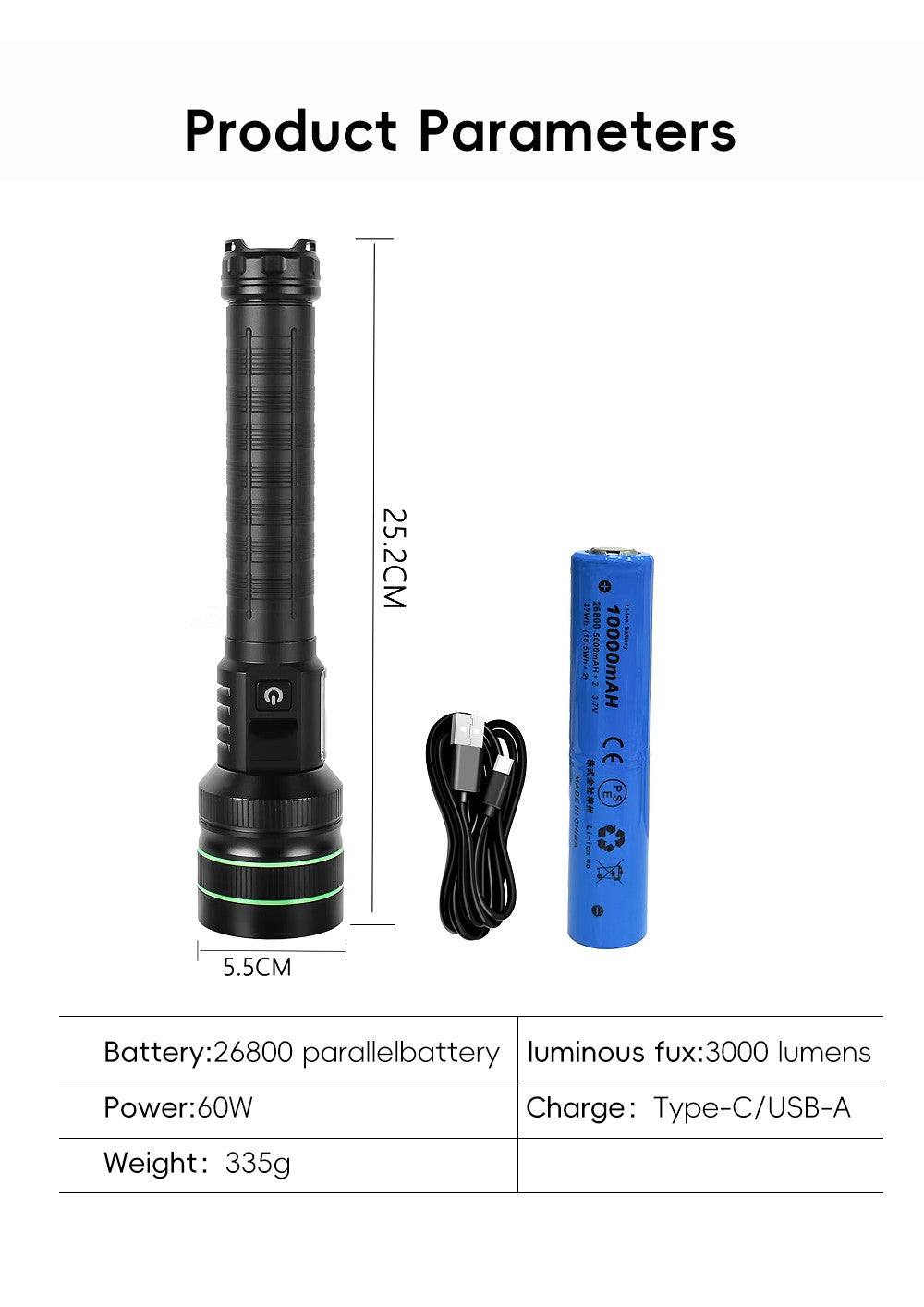 Super Bright Spotlight Long Range LED Flashlight With 26800 Parallel Battery Rechargeable Lamp Tactical Torch Waterproof Lantern