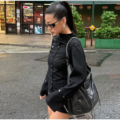 Women's Chic Buttons Cropped Shirt High Neck Solid Y2K Style Slim Fit Tops Grunge Streetwear Vintage Punk Fashion Causal Blouses