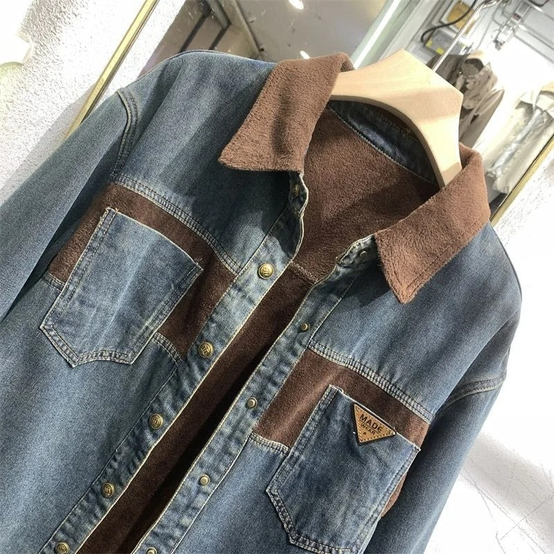 Women's Denim Blouse 2025 Autumn Winter Mid Length Version Add Velvet Ladies Tops Long Sleeve Versatile Lady Cowboy Shirt