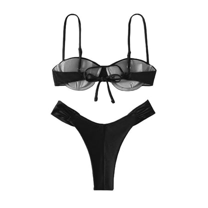 Women Padded Bikini Set Solid Color Pleated Sleeveless Bra+ Shorts Briefs Bikini For Women