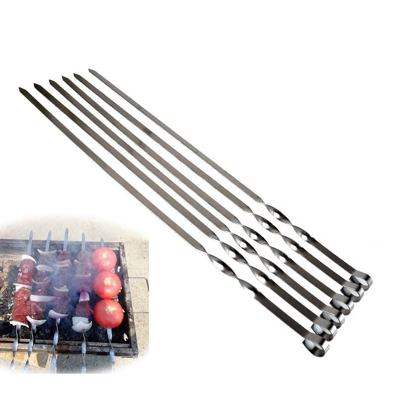 6-12pcs 21.6'' 55CMBBQ Skewers Stainless Steel Large Flat Barbecue Needle Shish Kabob Metal Skewer Set Handle BBQ Forks Tools