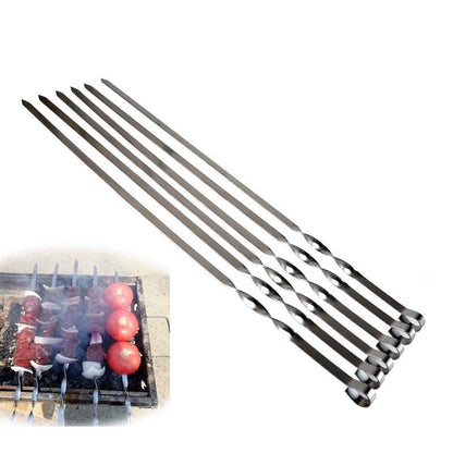 6-12pcs 21.6'' 55CMBBQ Skewers Stainless Steel Large Flat Barbecue Needle Shish Kabob Metal Skewer Set Handle BBQ Forks Tools
