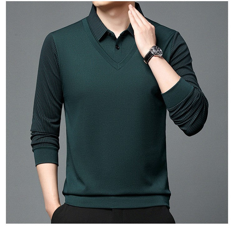 Fashion Fake Two-piece Men Long Sleeve Shirt Stripe Splice Lapel Loose Casual Pullover Tops 2025 Male Formal Business Polo Shirt