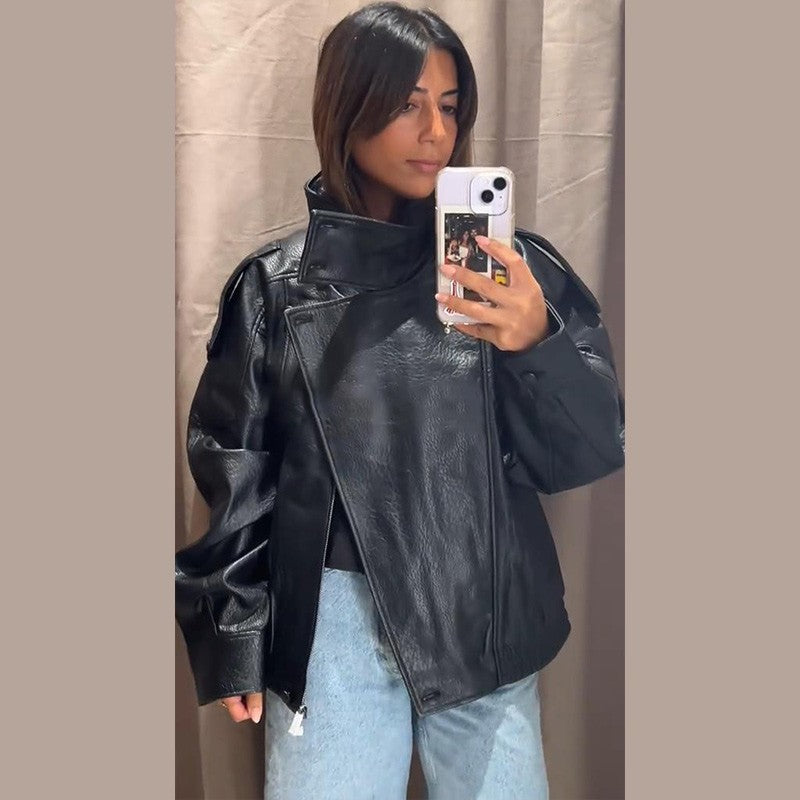 Vintage PU Leather Bomber Jackets 2025 Autumn New Ladies Zipper Lapel Long Sleeve Pocket Coat With Belt Women's Loose Streetwear