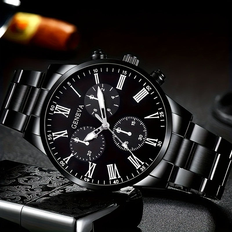 4pcs fashionable men's quartz watch - stainless steel strap, round zinc alloy case, electronic sports