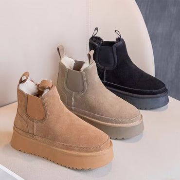 2024 Winter New Leather Thick Sole Chelsea Snow Boots Women's Fashion All-in-one Thick Fleece Warm Snow Cotton Shoes