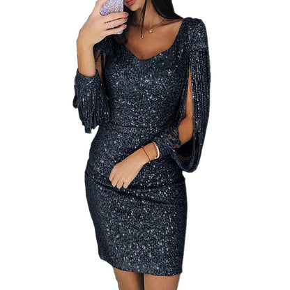 Plus Size Dresses for Women Elegant Long Sleeve Sequin Mini Dresses Sexy Ruched Bodycon Sparkly Glitter Cocktail Party Dresses