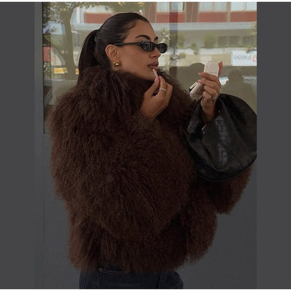 Fashion Solid Plush Faux Fur Coat Women Elegant Warm Long Sleeves Loose Jacket 2025 Lady Winter Chic High Street Outerwear ?