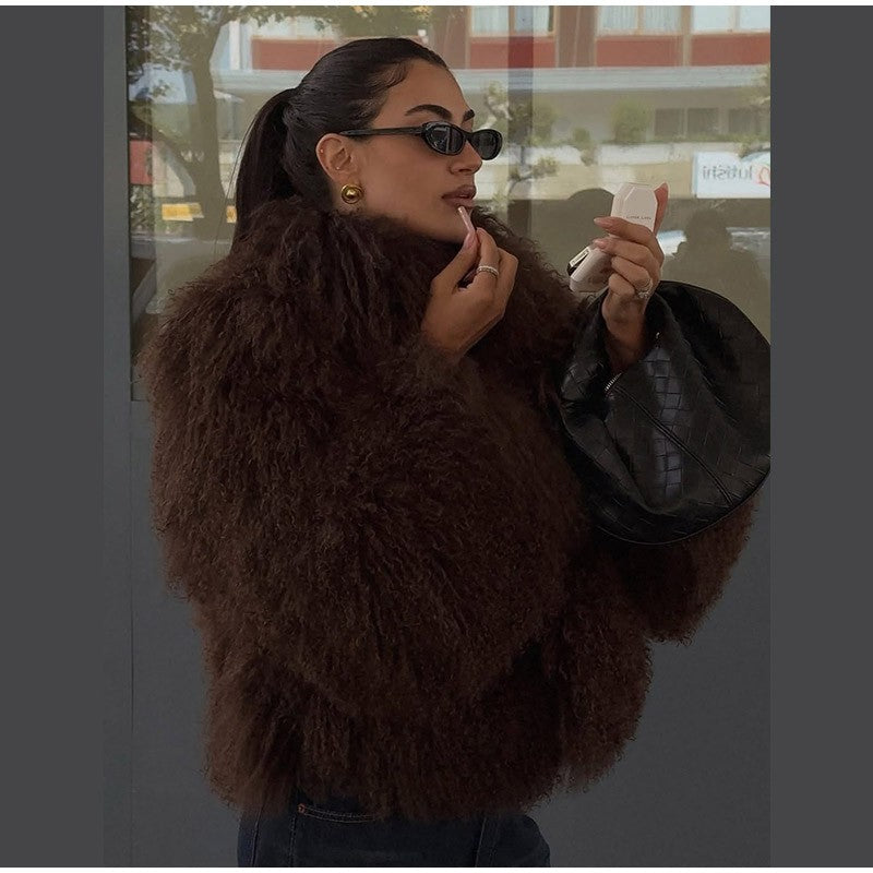 Fashion Solid Plush Faux Fur Coat Women Elegant Warm Long Sleeves Loose Jacket 2025 Lady Winter Chic High Street Outerwear ?