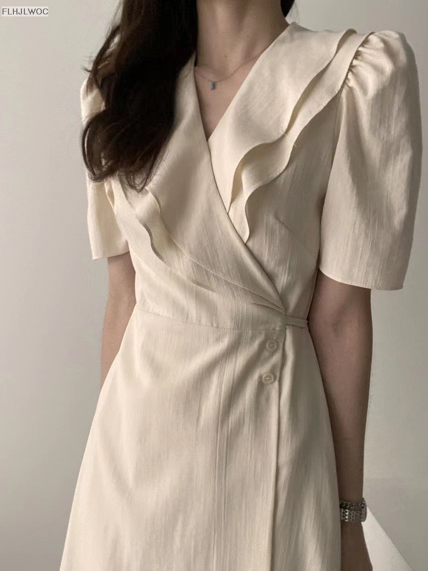 South Korea Chic Midi Dress Women Summer Japan Style Retro Vintage Design Ruffle