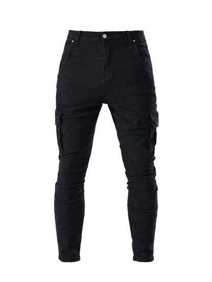 Calça Jeans Masculina Cargo Elástica Slim Fit Masculina Calça Jeans Cor Sólida Multi Bolsos Casual Skinny Calças Masculinas Roupa Masculina