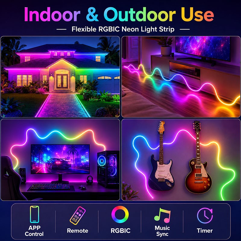 DC 24V 5-20M RGBIC Neon Rope Light, APP & Remote Control, Music Sync, Flexible Lamp Tape,Waterproof LED Strip for Indoor Outdoor