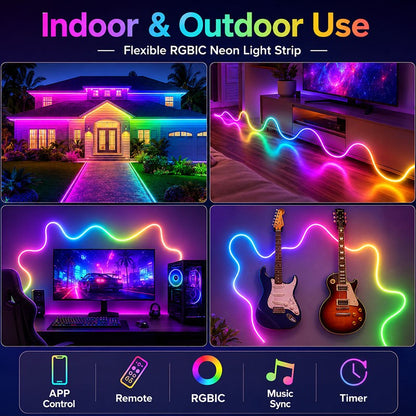 DC 24V 5-20M RGBIC Neon Rope Light, APP & Remote Control, Music Sync, Flexible Lamp Tape,Waterproof LED Strip for Indoor Outdoor