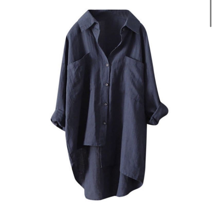 Women's Solid Color Shirt Large Size Long Sleeve Pockets Loose Blouses Front Short Back Long Casual Street Tops Women