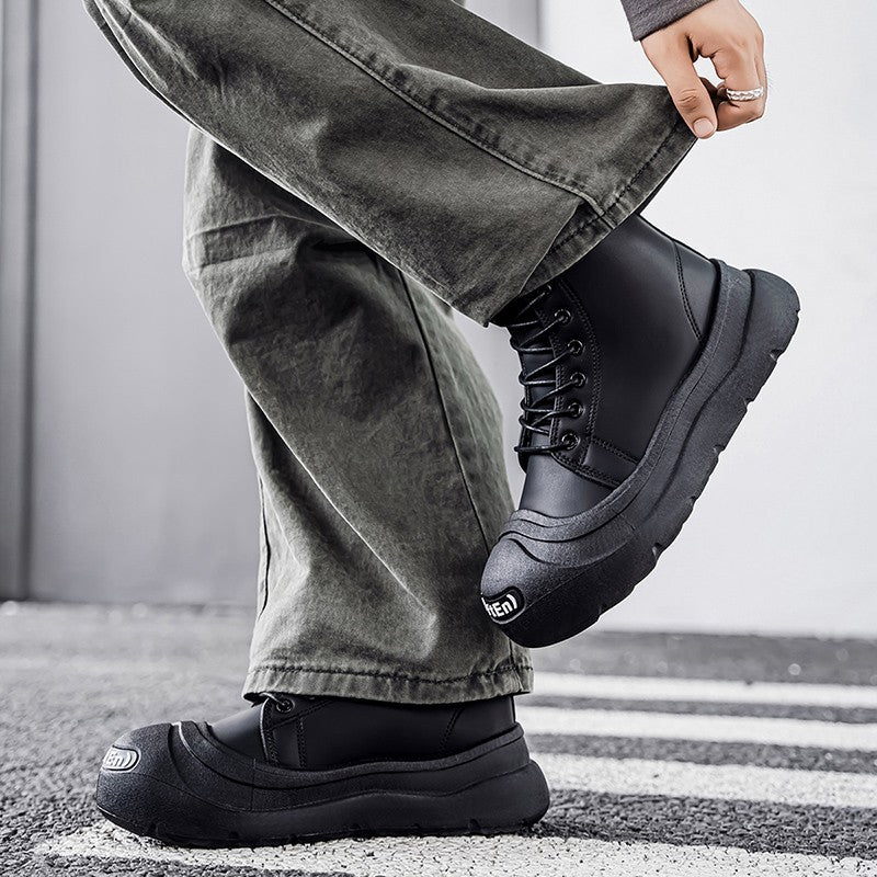 Large-size Autumn High-top Versatile Black Shoes, Men's Outdoor Anti-slip and Wear-resistant Casual Leather Boots