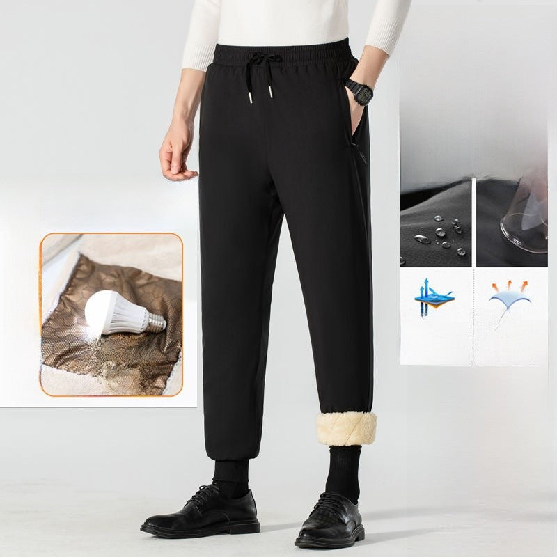 Calça Masculina de Inverno Acolchoada de Algodão para Baixo com Veludo de Cordeiro, Joelheira, À Prova de Vento, Quente, Comprida, para Neve, Negócios, Casual