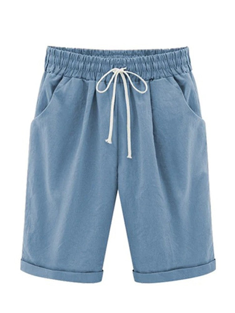 Women Cotton Shorts Casual High Waist Pocket Harem Pant Summer Cool Thin Beachwear Fashion Breathable Female Clothing