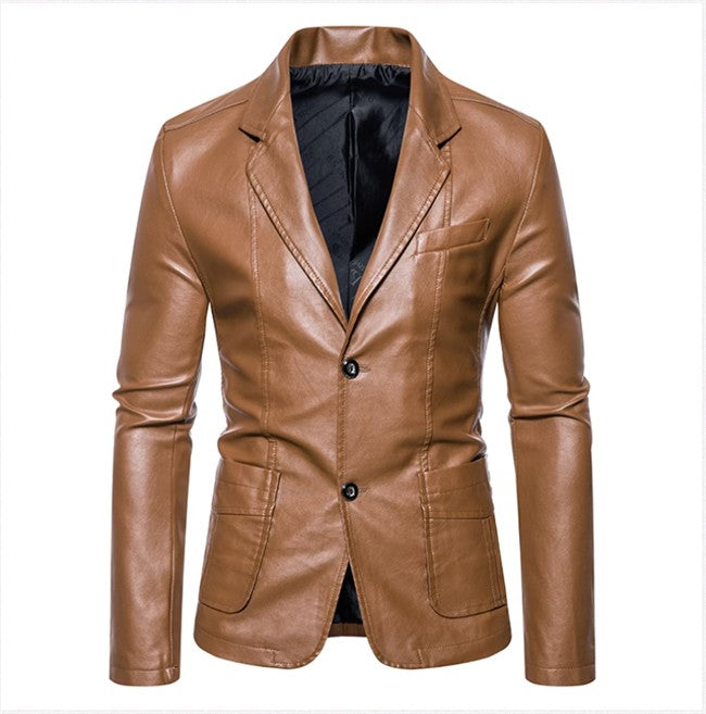 2024 New Men Business Casual Leather Jacket Black / khaki Fashion Male Suit Collar Coats Large Size 5XL Slim Fit Top