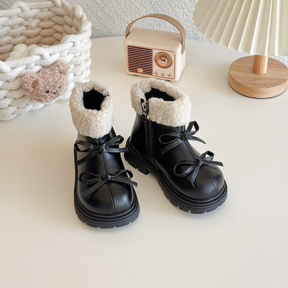Girls Padded Fashion Leather Boots 2-18 Years Old Thickened Bow Hairy Girls Cotton Shoes Winter Beige Soft Non-slip Kids Boots