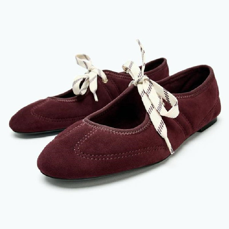 Fashion Lace Up Sewing Design Brand Ballet Flats Women High Quality Faux Suede Mary Jane Shoes Comfortable Round Toe Loafers