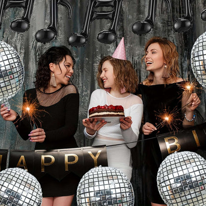 15pcs Music Balloon Set Music Note Black Balloon Silvery 4D Disco Ball Balloons Aluminum Foil Balloons Birthday Party Decoration