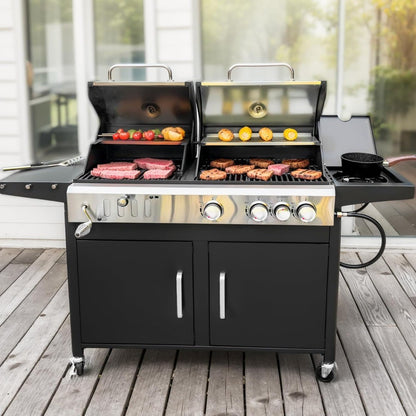 3 In 1 Gas and Charcoal Grill Combo with Side Burner, Porcelain-Enameled Cast Iron Grate, Extra Large Dual-Function BBQ Propane