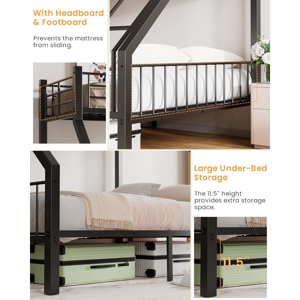 Twin XL Over Queen Bunk Bed, Heavy Duty Bunk Bed with Safety Ladder and Full-Length Guardrails, Metal Queen Bed Frame