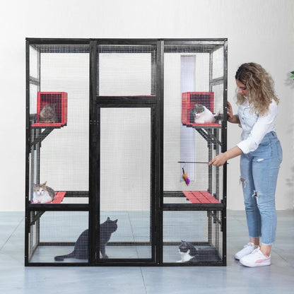 Gaiola Externa Grande de Madeira para Gatos com 180cm, Poleiros e Condomínios, Casa para Gatos Interna com Teto Impermeável, Abrigo para Gatos com Recurso