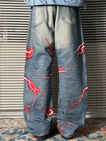 retro y2k gothic lightning graphic jeans wide legs loose loose hip-hop street style men and women fashion clothing