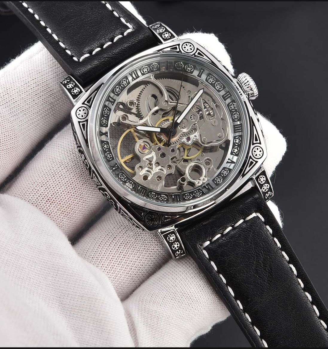 LONGLUX automatic watch retro style wholesale mechanical wristwatches skeleton carve waterproof leather no logo mens watch