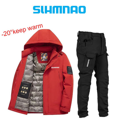 Conjunto de Terno de Pesca Masculino de Inverno 2025, Novo, Quente, Jaqueta Grossa Corta-Vento para Atividades ao Ar Livre, Calças de Algodão Quentes Resistentes ao Frio e à Neve