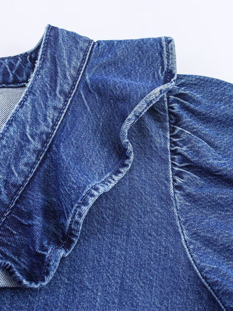 European style new women's fashion all-match temperament lotus leaf lace V-neck long-sleeved denim shirt