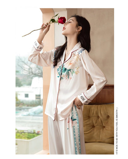 Lightweight Long-Sleeve Silk Pajamas Set for Young Girls French-Style Casual Homewear Nightwear Women's Comfortable Sleepwear