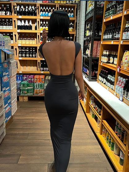 Nibber Solid Sexy Backless Maxi Dress Women Elegant Elastic Slim Short Sleeve Lo