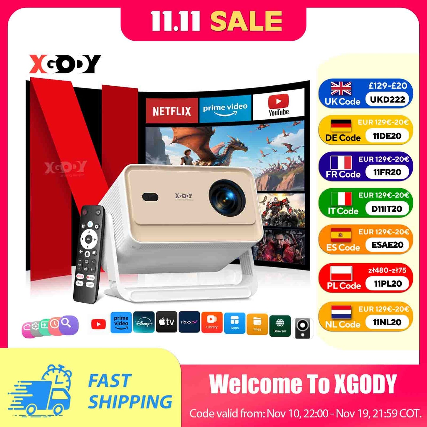 Projetor XGODY N6 Pro Netflix Oficialmente 4K Controle de Voz Smart Android TV Whale OS 32GB ROM para Filmes ao Ar Livre e Home Theater