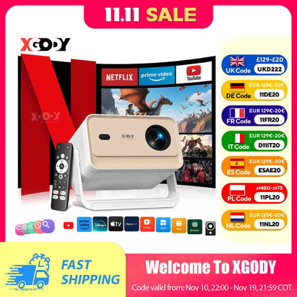 Projetor XGODY N6 Pro Netflix Oficialmente 4K Controle de Voz Smart Android TV Whale OS 32GB ROM para Filmes ao Ar Livre e Home Theater