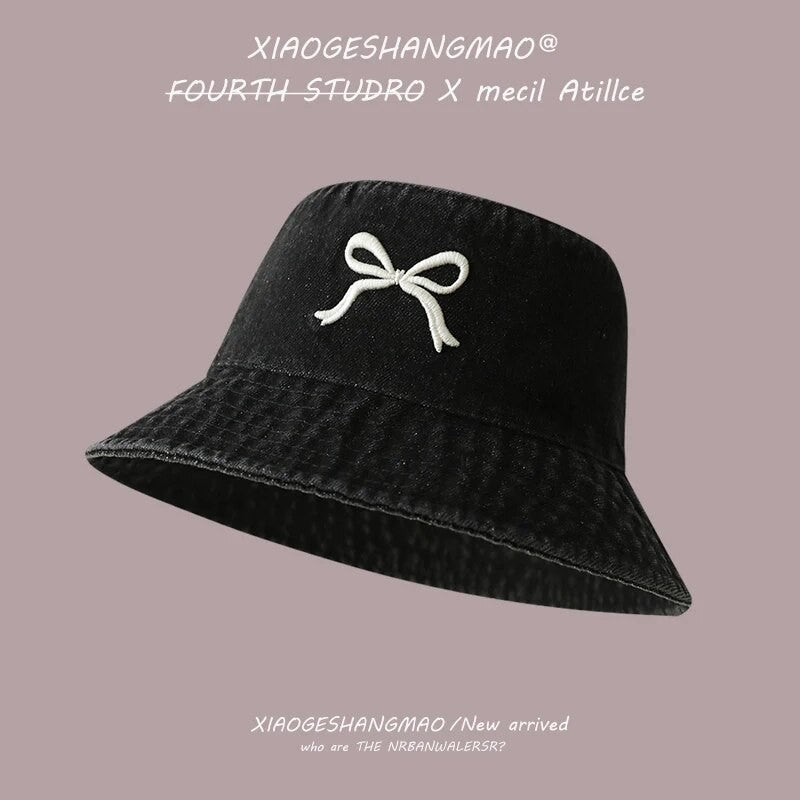 A Fisherman's Hat Three-Dimensional Embroidery Bow Travel Shopping Washed Denim Basin Hat