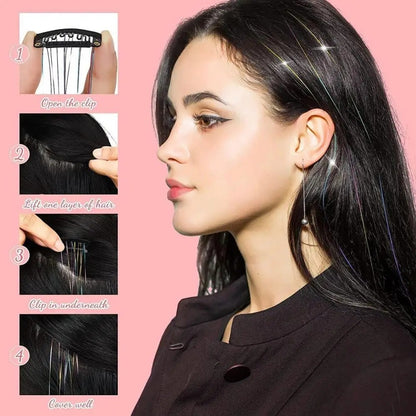 6 peças de extensões de cabelo brilhantes de 50 cm, extensões de cabelo sintéticas, presilhas de cabelo para trançar, chapéus femininos