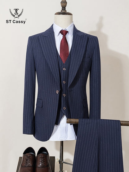 ST Cassy high-quality blue striped suits for men slim fit luxurious and elegant men's business suit 3-piece set full men's suit