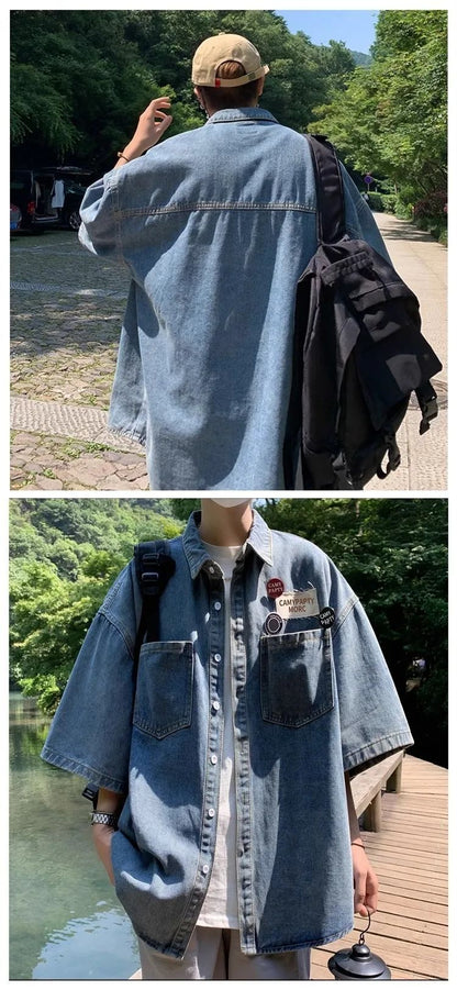 Retro Japanese Style Pocket Badge Denim Short Sleeve Casual Shirt Men's Loose Collar Jacket Trendy Summer Clothing