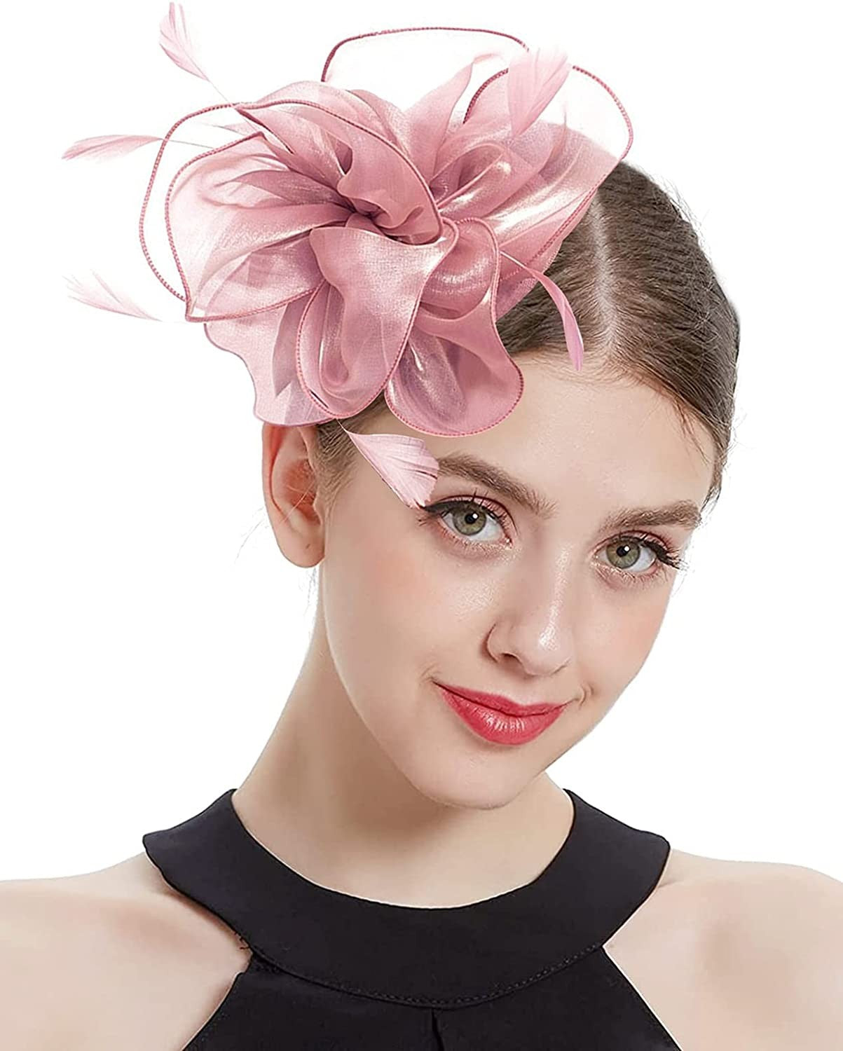 Novo Chapéu Fascinator de Organza Feminino com Flor de Pena Kentucky Derby Cocar Chapéu Pillbox para Casamento Chá da Tarde Acessórios de Cabelo com Clipe