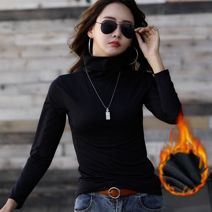 Women Thermal Underwear Winter Turtleneck Bottom Shirt Solid Semi High Collar Long Sleeve Basic T-Shirt Heating Fiber Pullovers