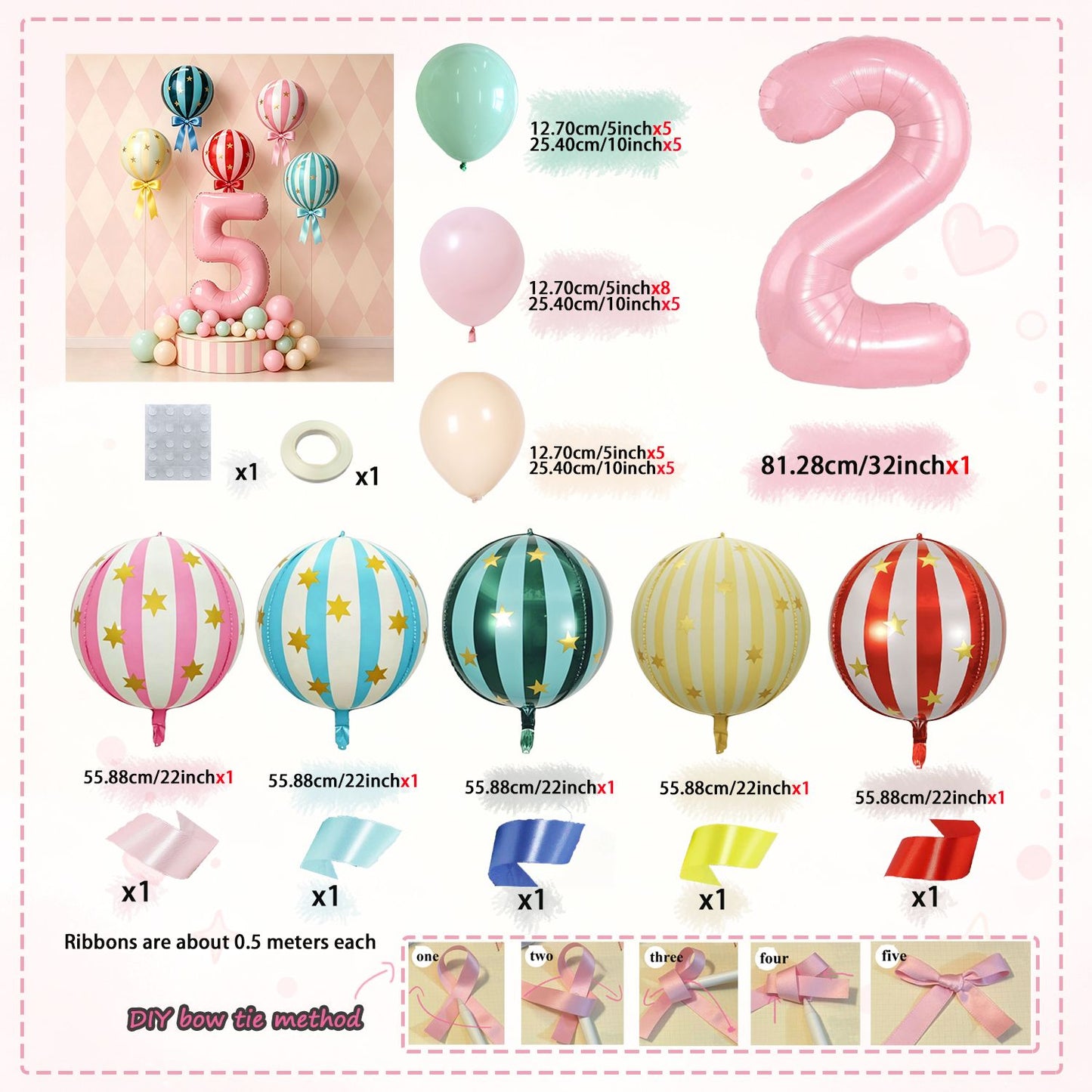 Pink 32 inch Digital 4D Striped Star Foil balloon Set, Ribbon Suitable for Birthday Parties, Showers, Anniversaries, Christmas