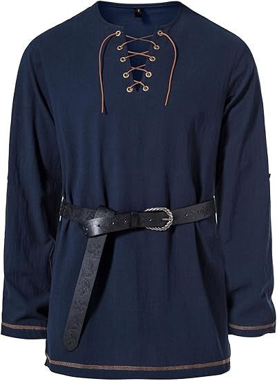 Men's Medieval Lace Up Tunic Shirt Renaissance Viking Pirate Costume Long Sleeve Retro Tops with Belt for Halloween Cosplay