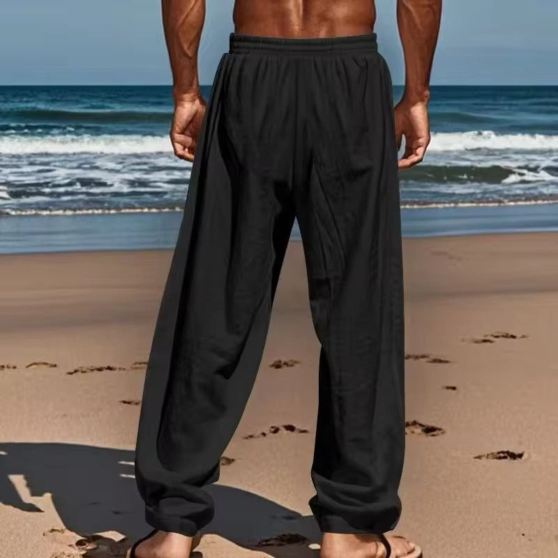 2024 Primavera/Verão Novas Calças Masculinas de Algodão e Linho Moda Verão Casual Cor Sólida Solta Plus Size M-4XL