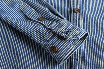 Yarn-dyed striped fabric washed to make old vintage cargo denim shirt for men European and American fashion casual shirt coat